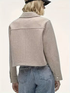 Cropped Black Jacket Women Button Front Long Sleeve