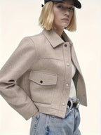 Cropped Black Jacket Women Button Front Long Sleeve