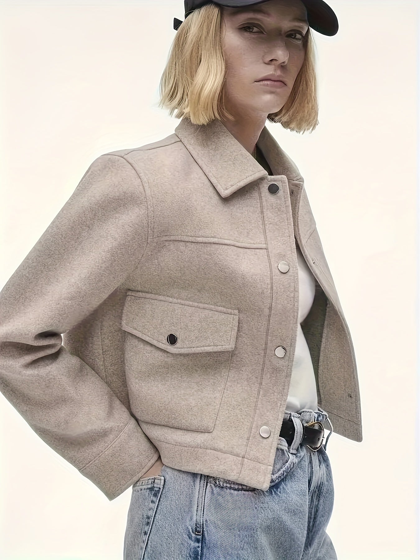 Cropped Black Jacket Women Button Front Long Sleeve