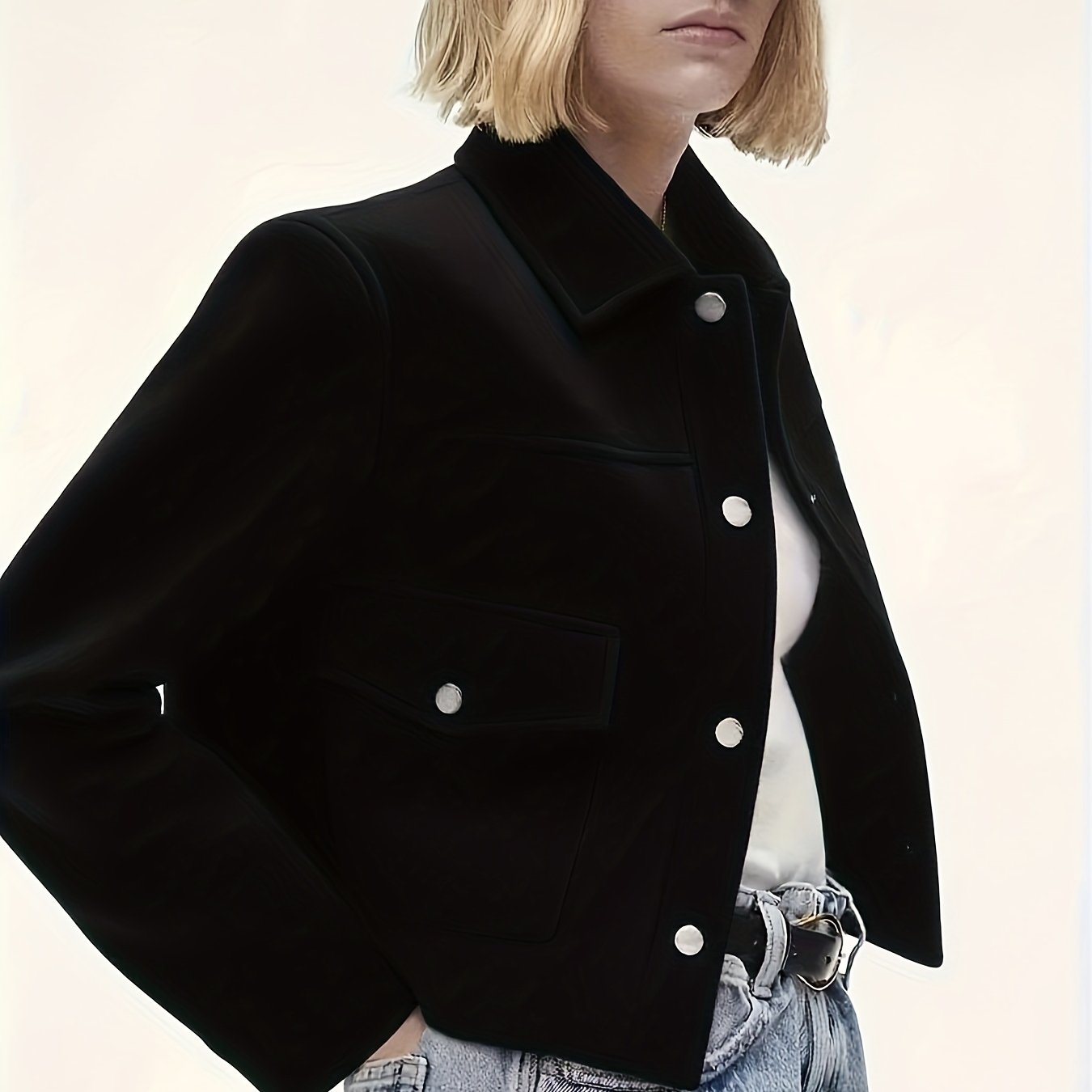 Cropped Black Jacket Women Button Front Long Sleeve