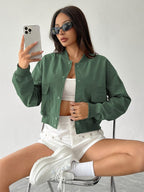 Cropped Bomber Jacket Women Lightweight Snap Button