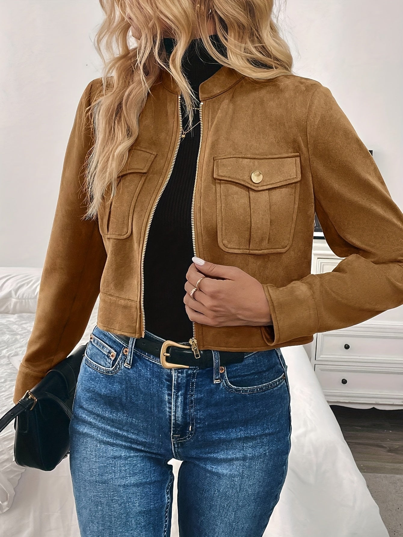 Cropped Suede Jacket Women Zip Front Long Sleeve