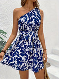 Women’s Sleeveless One-Shoulder Printed Fit and Flare Dress