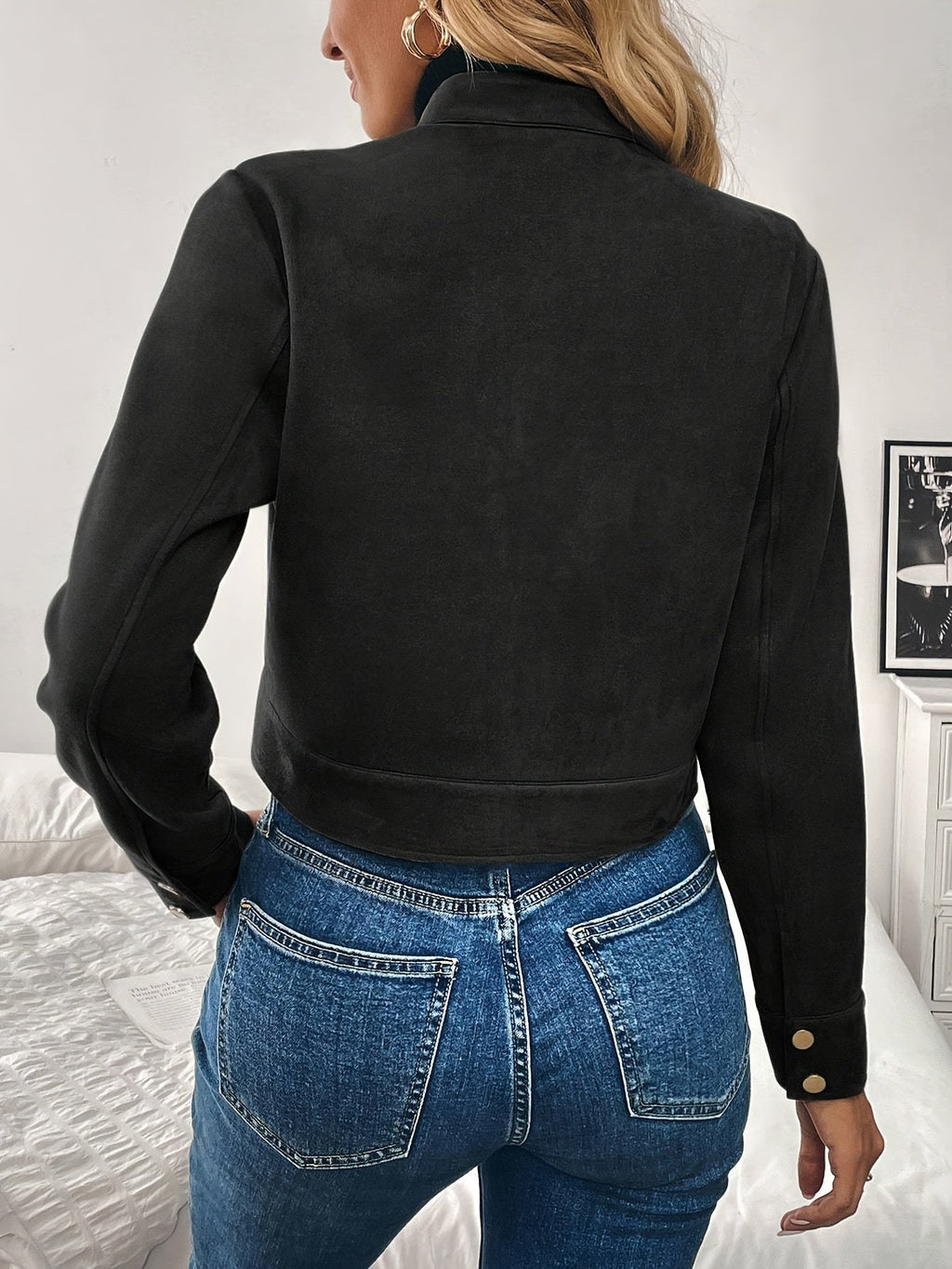 Cropped Suede Jacket Women Zip Front Long Sleeve