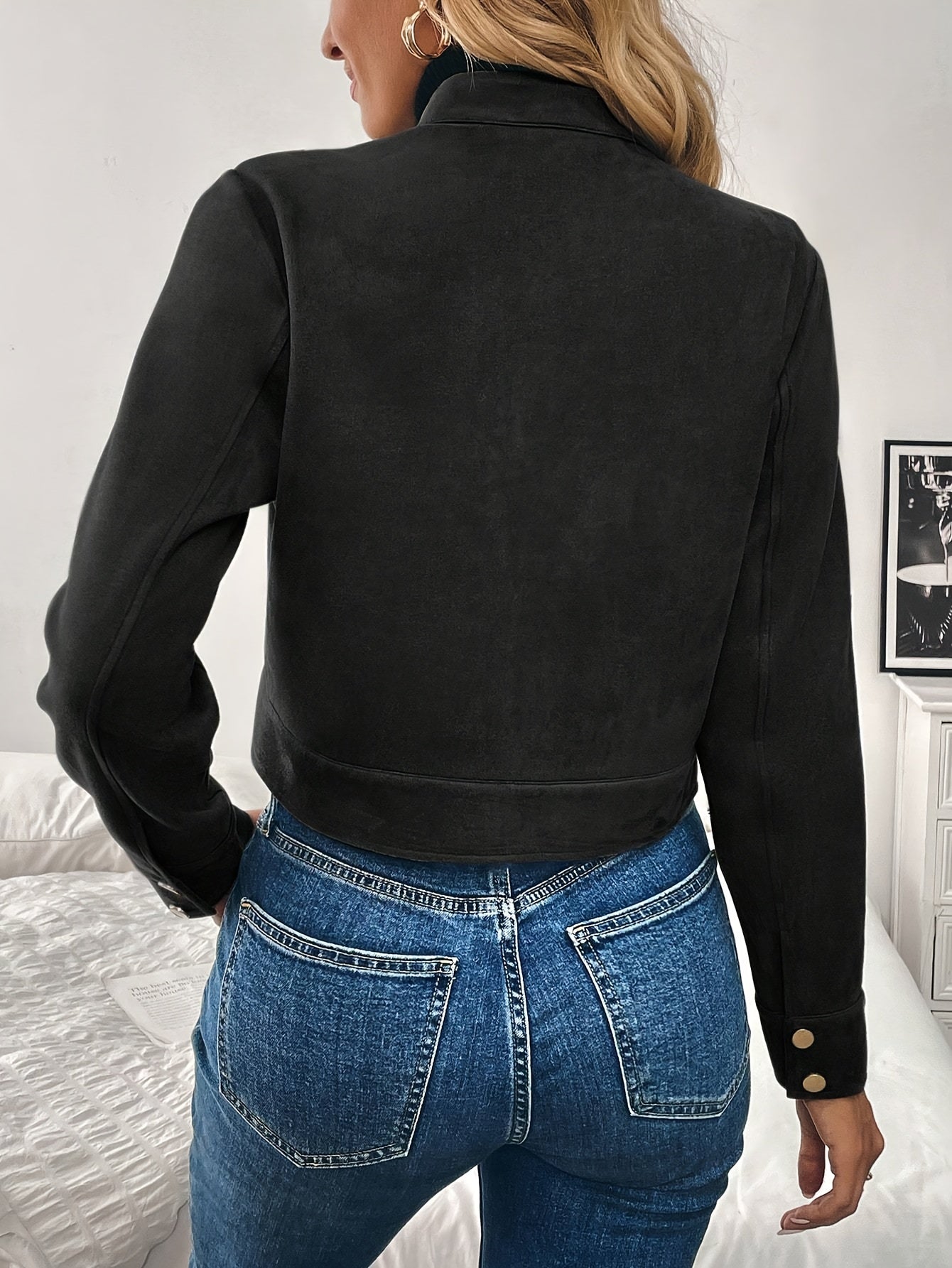 Cropped Suede Jacket Women Zip Front Long Sleeve