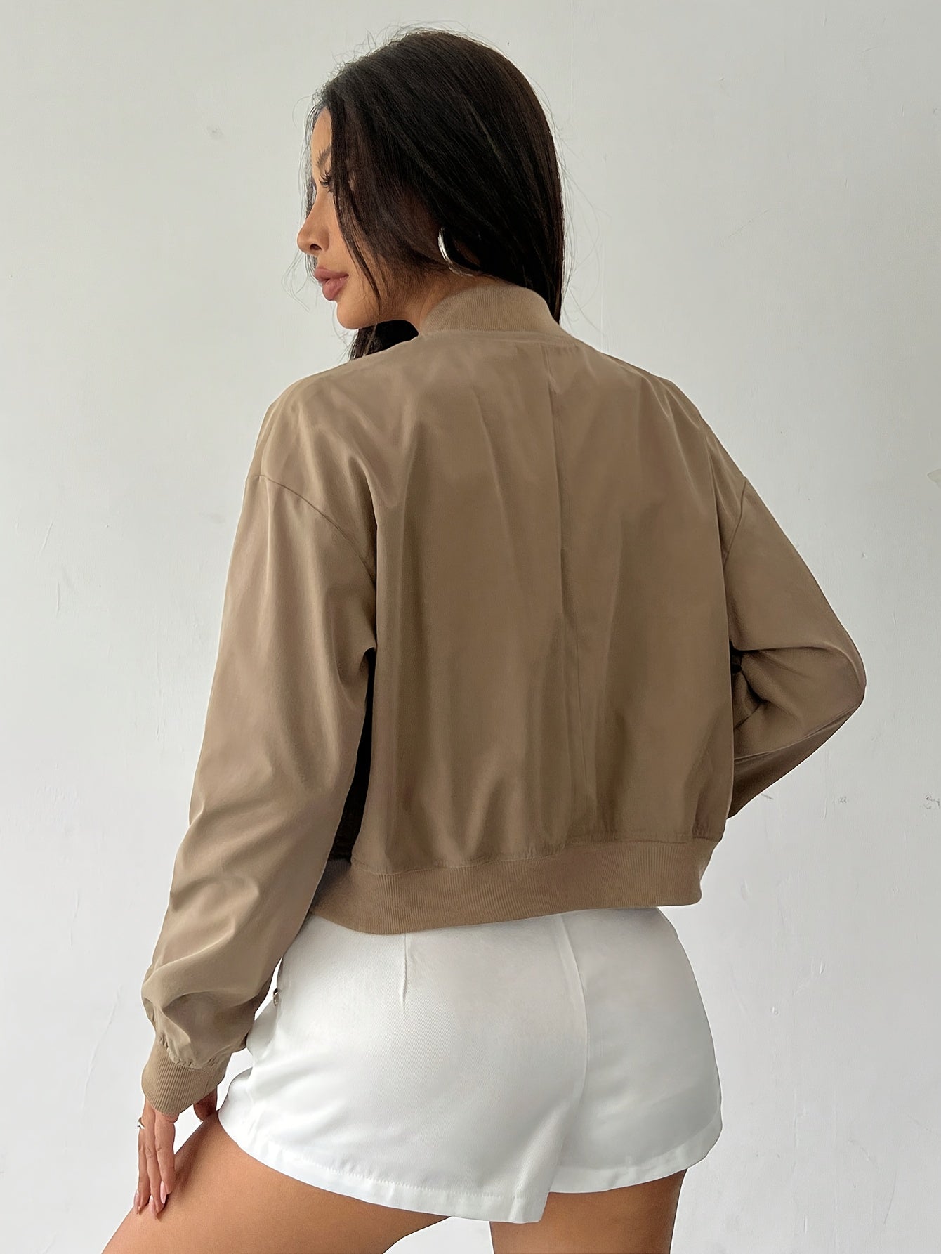 Cropped Bomber Jacket Women Lightweight Snap Button