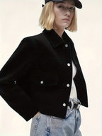 Cropped Black Jacket Women Button Front Long Sleeve