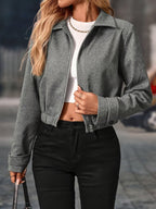Cropped Herringbone Jacket Women Zip Front Long Sleeve
