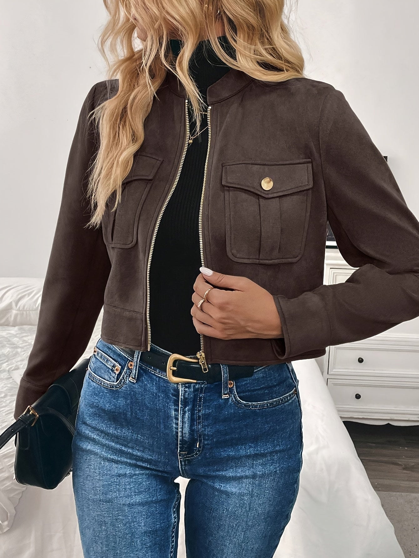 Cropped Suede Jacket Women Zip Front Long Sleeve