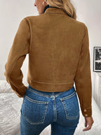 Cropped Suede Jacket Women Zip Front Long Sleeve