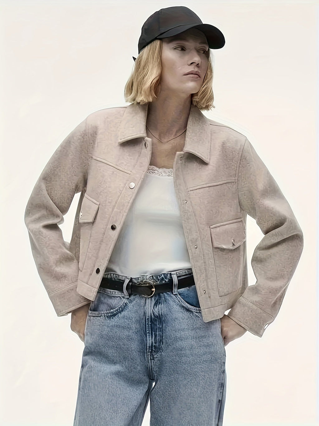 Cropped Black Jacket Women Button Front Long Sleeve