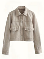 Cropped Black Jacket Women Button Front Long Sleeve