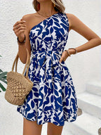 Women’s Sleeveless One-Shoulder Printed Fit and Flare Dress