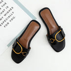 Women’s Flat Leather Slide Sandals with Square Toe