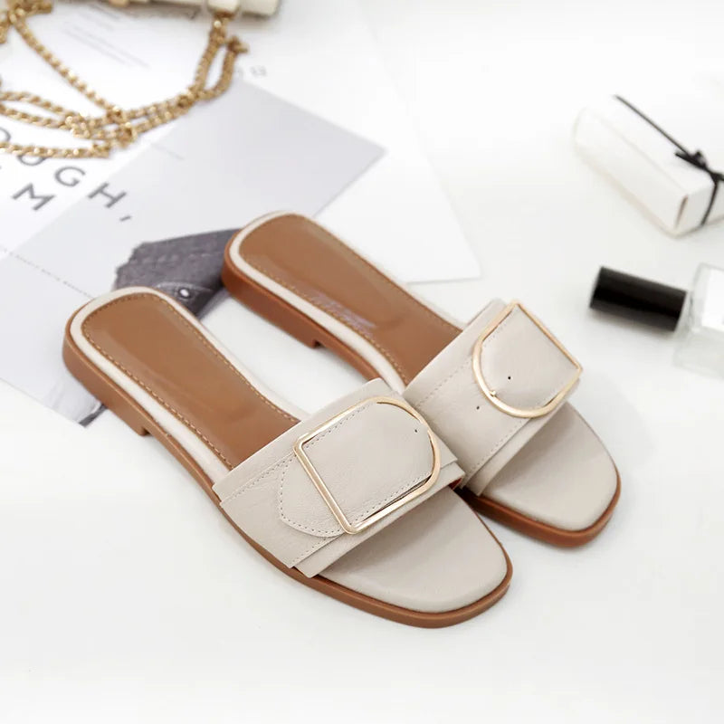 Women’s Flat Leather Slide Sandals with Square Toe