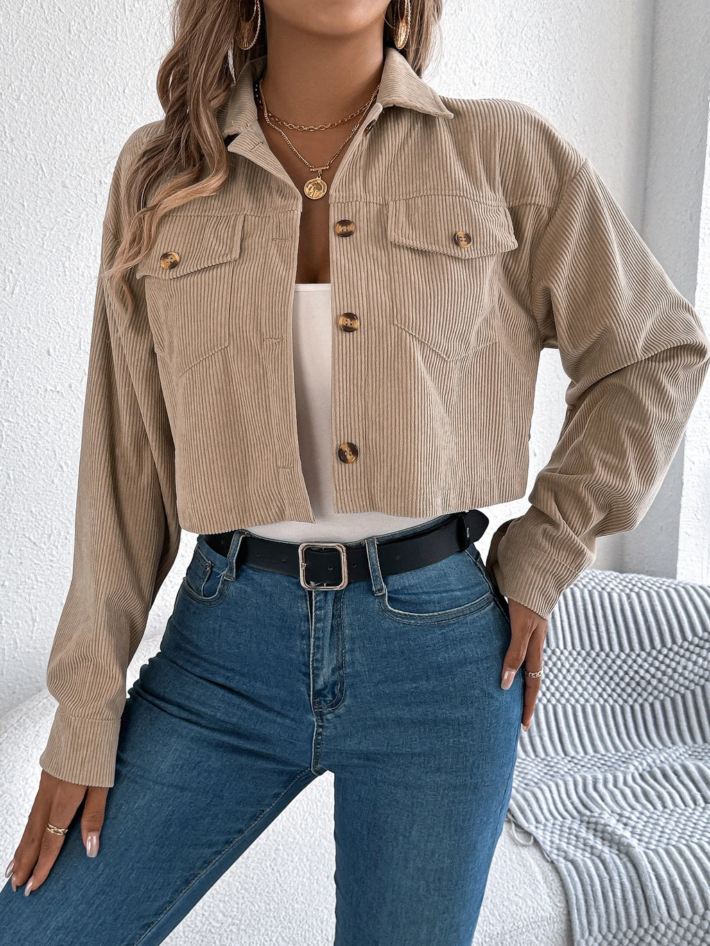 Cropped Corduroy Jacket Women Button Front Long Sleeve