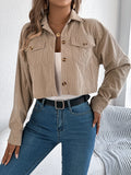 Cropped Corduroy Jacket Women Button Front Long Sleeve