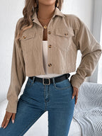 Cropped Corduroy Jacket Women Button Front Long Sleeve