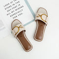 Women’s Flat Leather Slide Sandals with Square Toe