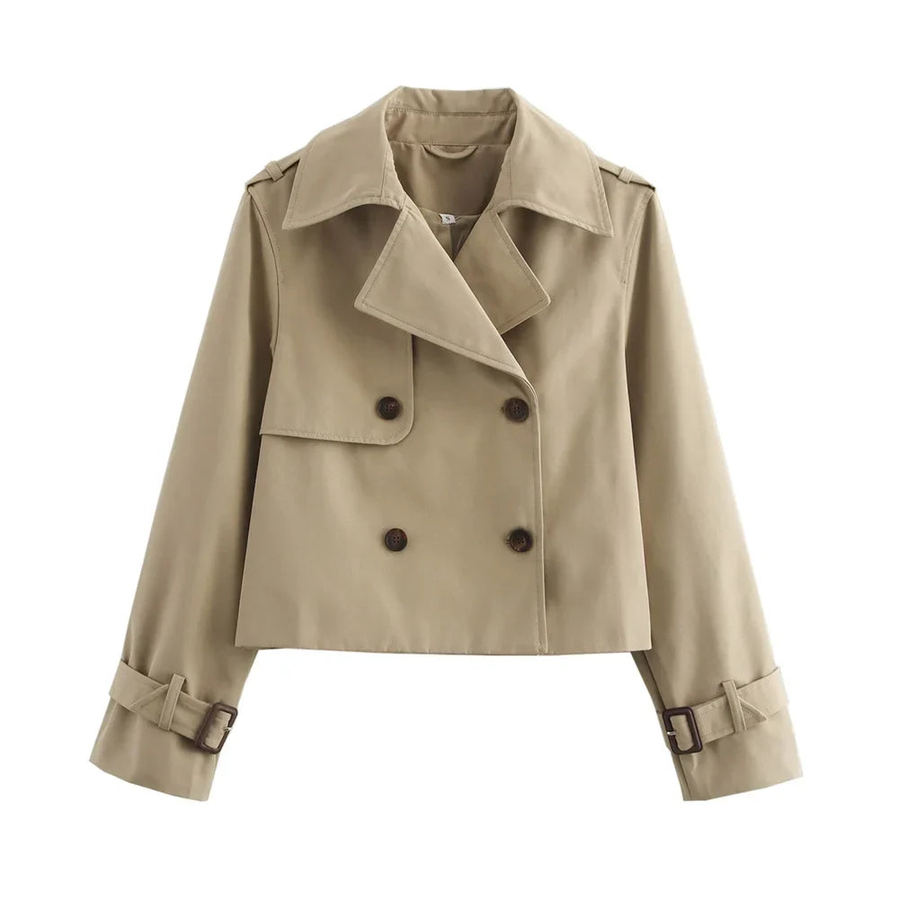Cropped Trench Coat Women Double Breasted Short Jacket