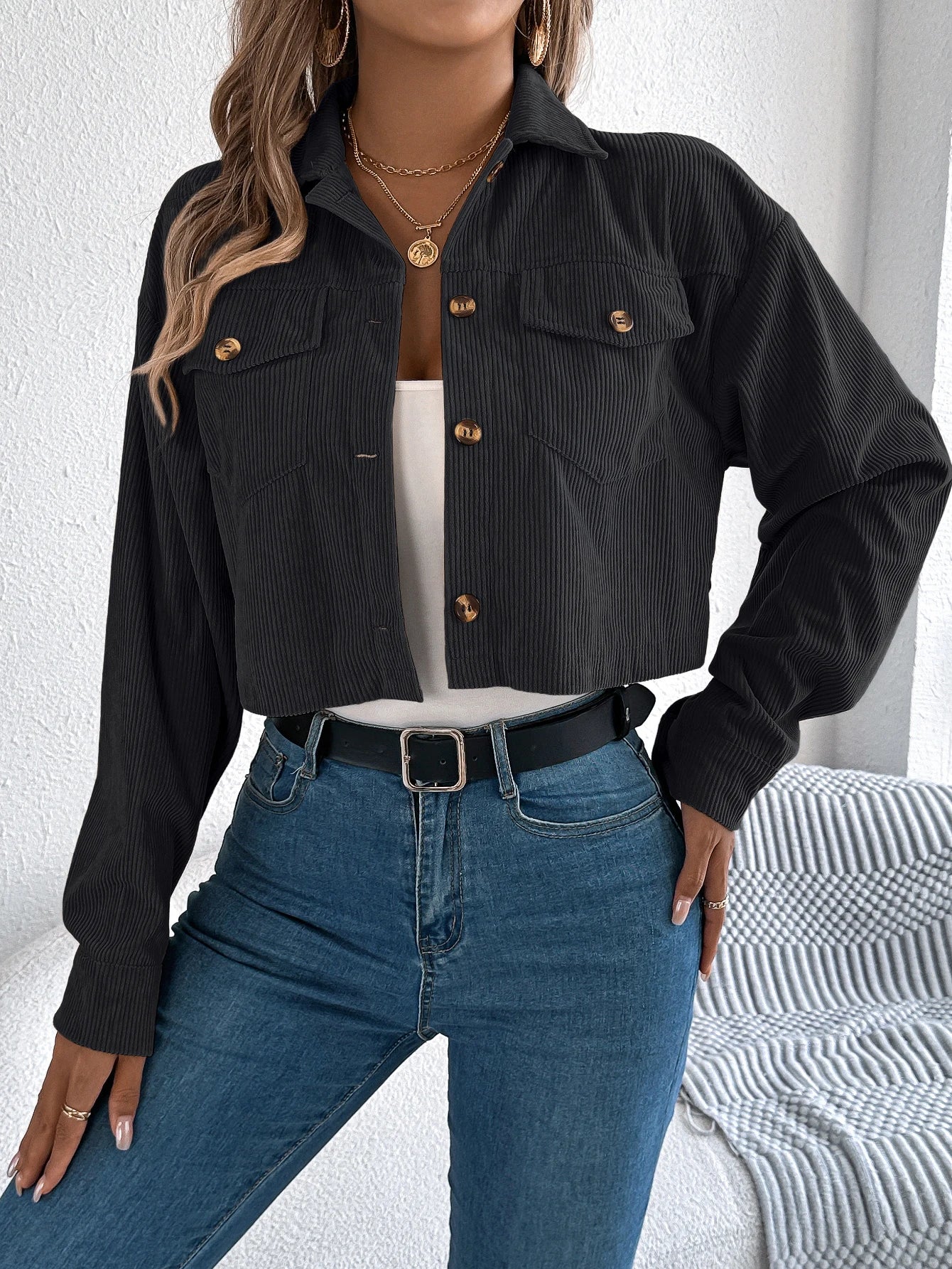 Cropped Corduroy Jacket Women Button Front Long Sleeve