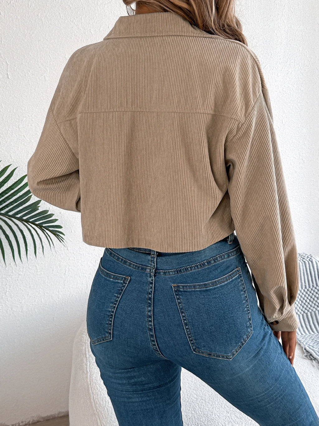 Cropped Corduroy Jacket Women Button Front Long Sleeve