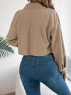 Cropped Corduroy Jacket Women Button Front Long Sleeve