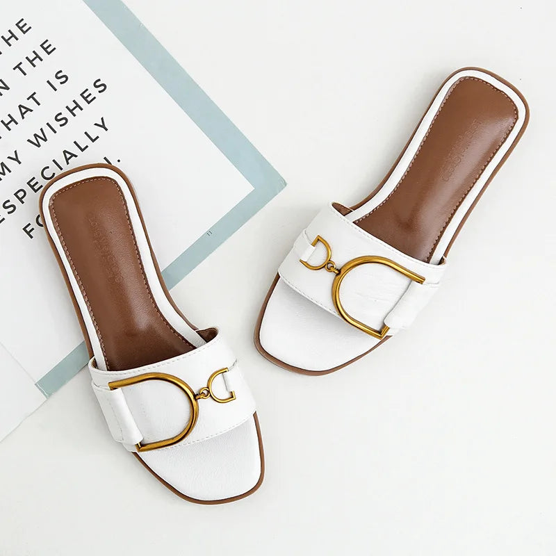 Women’s Flat Leather Slide Sandals with Square Toe