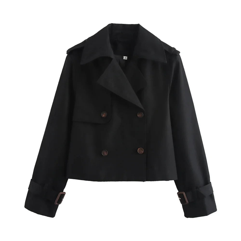 Cropped Trench Coat Women Double Breasted Short Jacket