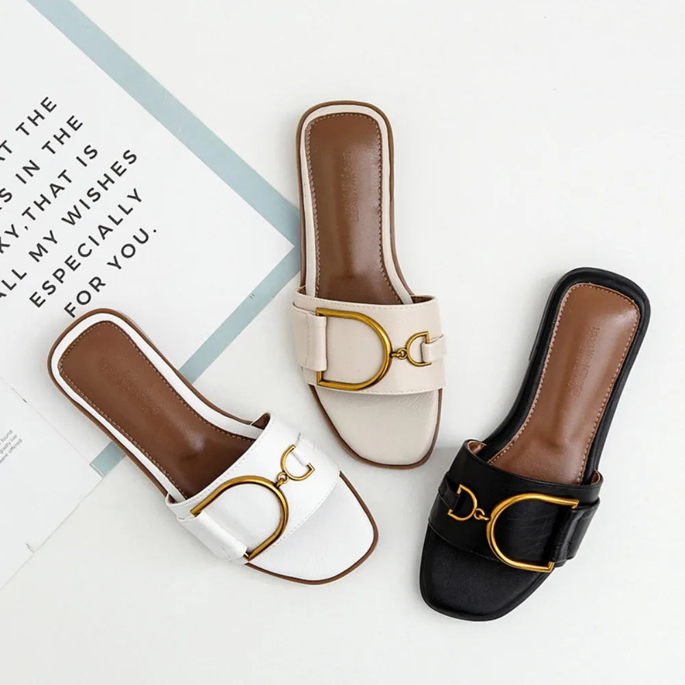Women’s Flat Leather Slide Sandals with Square Toe