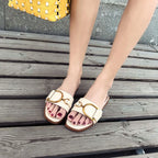 Women’s Flat Leather Slide Sandals with Square Toe