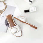 Women’s Flat Leather Slide Sandals with Square Toe