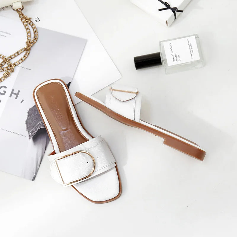 Women’s Flat Leather Slide Sandals with Square Toe