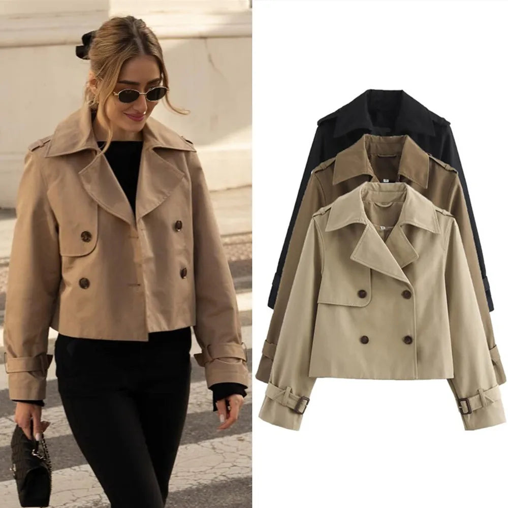 Cropped Trench Coat Women Double Breasted Short Jacket