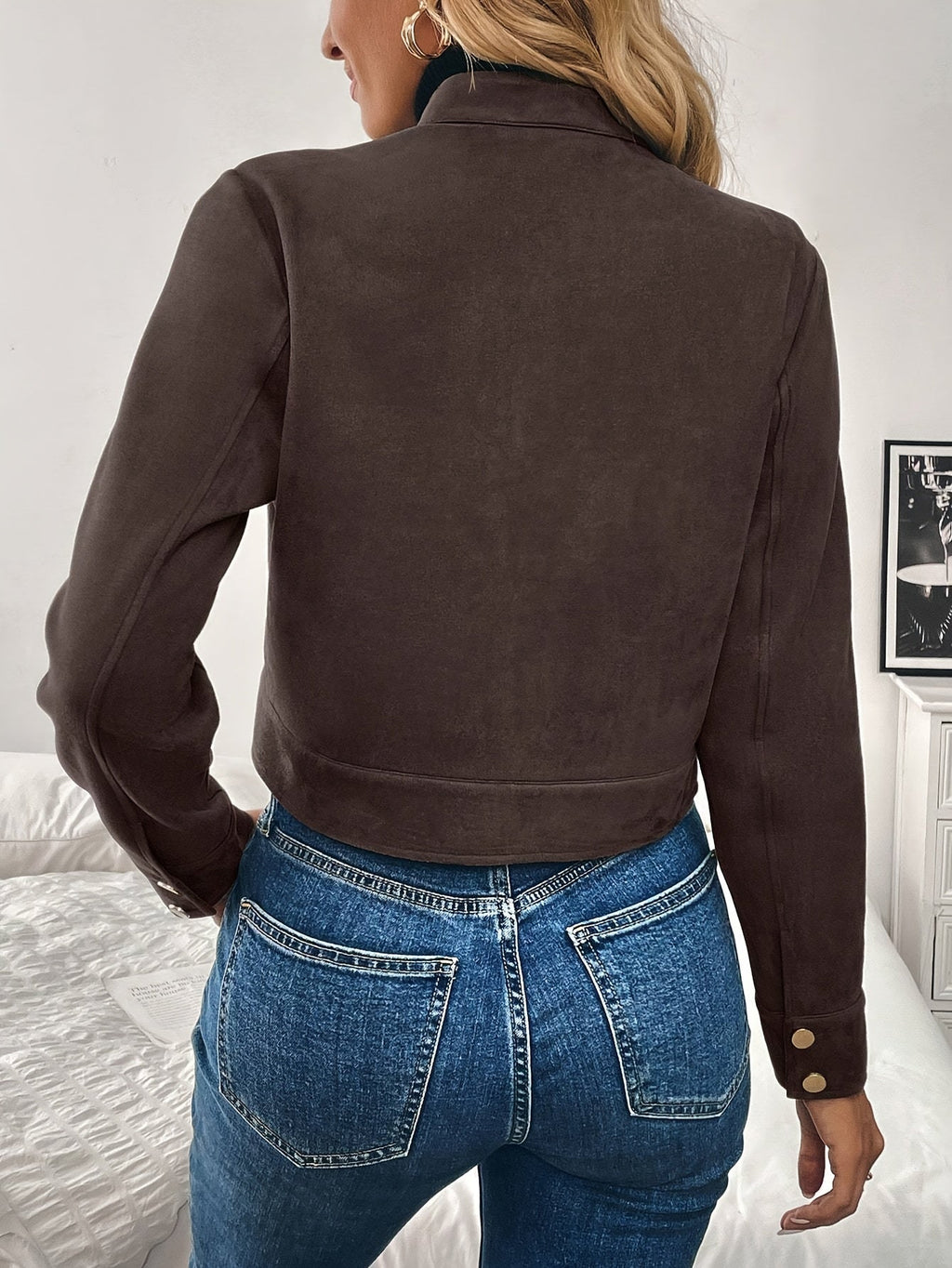 Cropped Suede Jacket Women Zip Front Long Sleeve