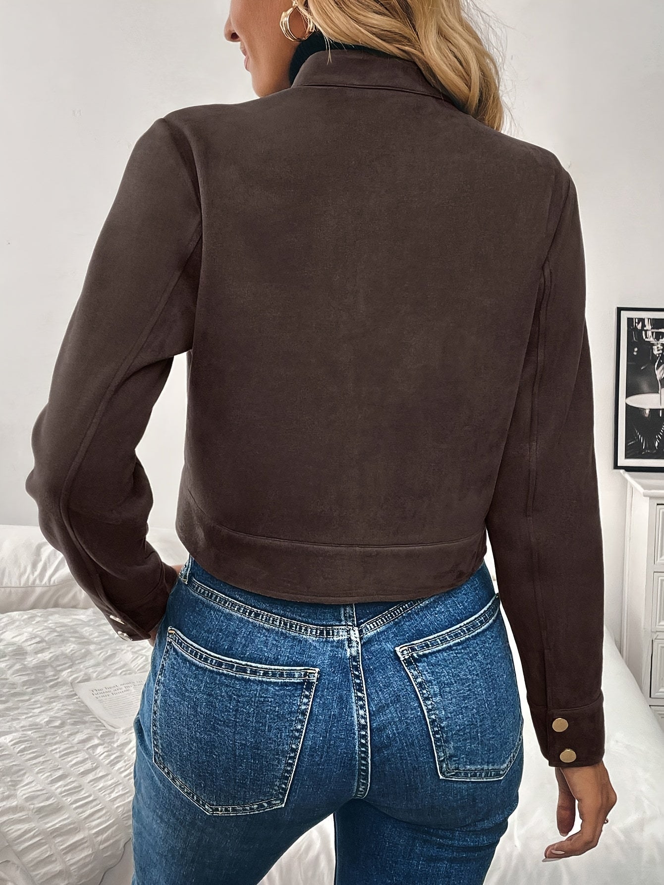 Cropped Suede Jacket Women Zip Front Long Sleeve