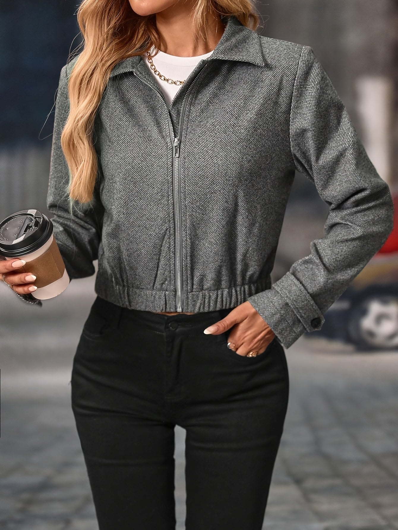 Cropped Herringbone Jacket Women Zip Front Long Sleeve