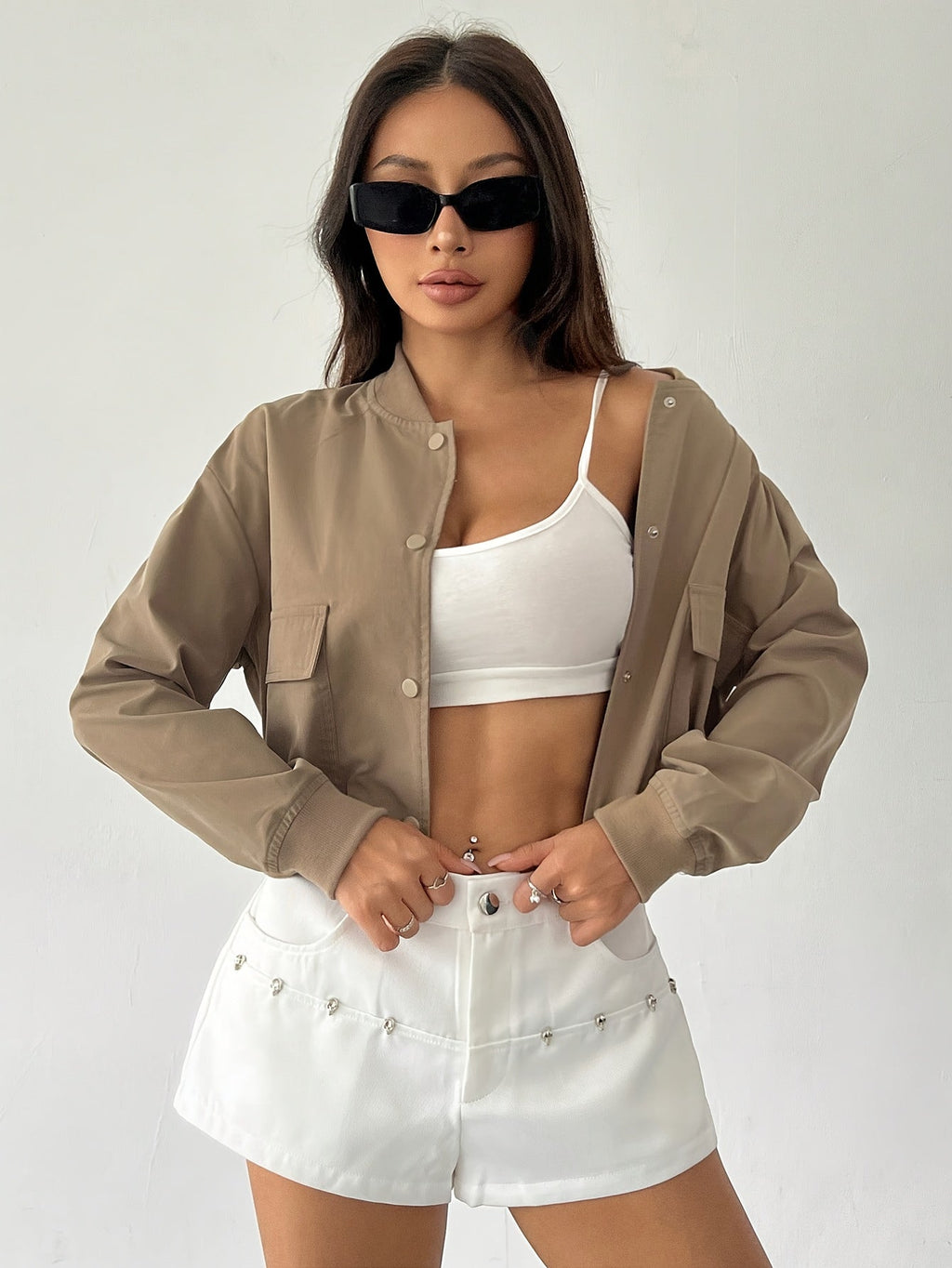Cropped Bomber Jacket Women Lightweight Snap Button