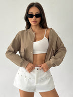 Cropped Bomber Jacket Women Lightweight Snap Button