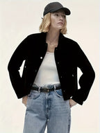 Cropped Black Jacket Women Button Front Long Sleeve