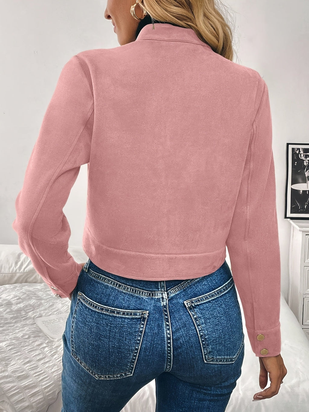 Cropped Suede Jacket Women Zip Front Long Sleeve