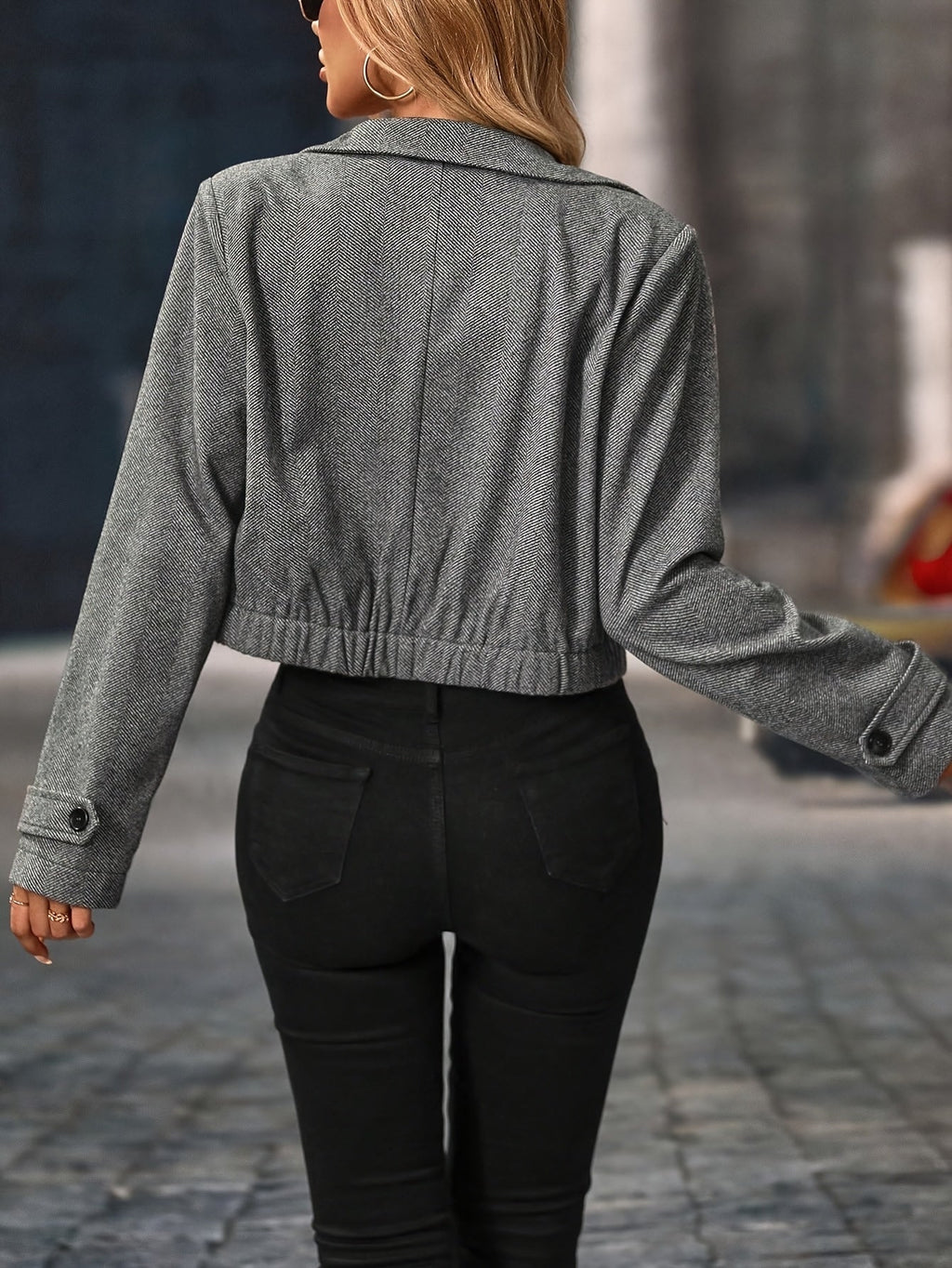 Cropped Herringbone Jacket Women Zip Front Long Sleeve