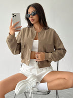 Cropped Bomber Jacket Women Lightweight Snap Button
