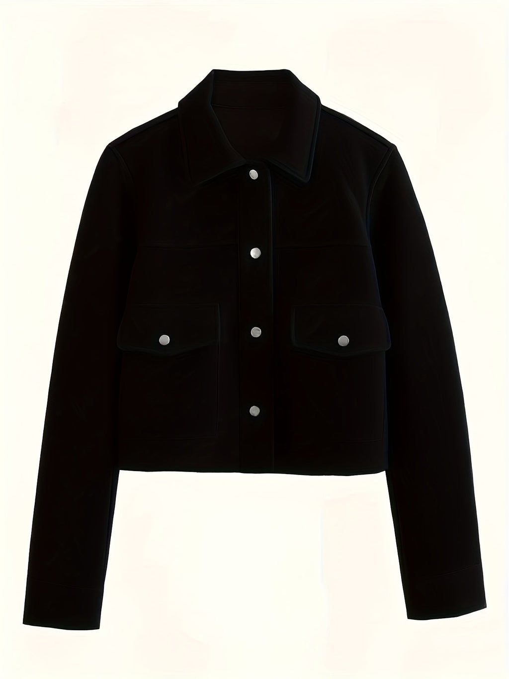 Cropped Black Jacket Women Button Front Long Sleeve