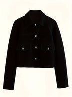 Cropped Black Jacket Women Button Front Long Sleeve