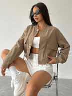 Cropped Bomber Jacket Women Lightweight Snap Button