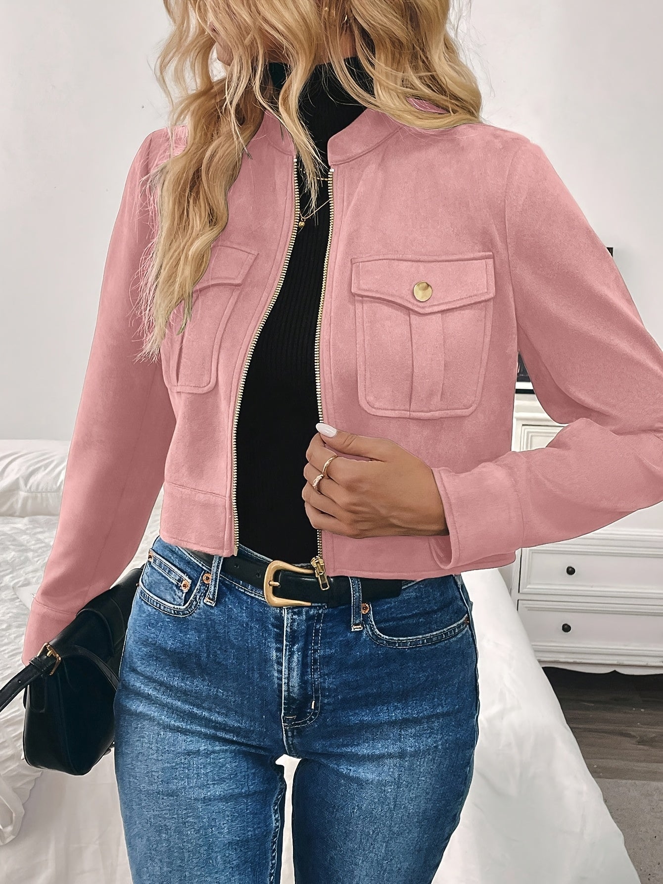Cropped Suede Jacket Women Zip Front Long Sleeve