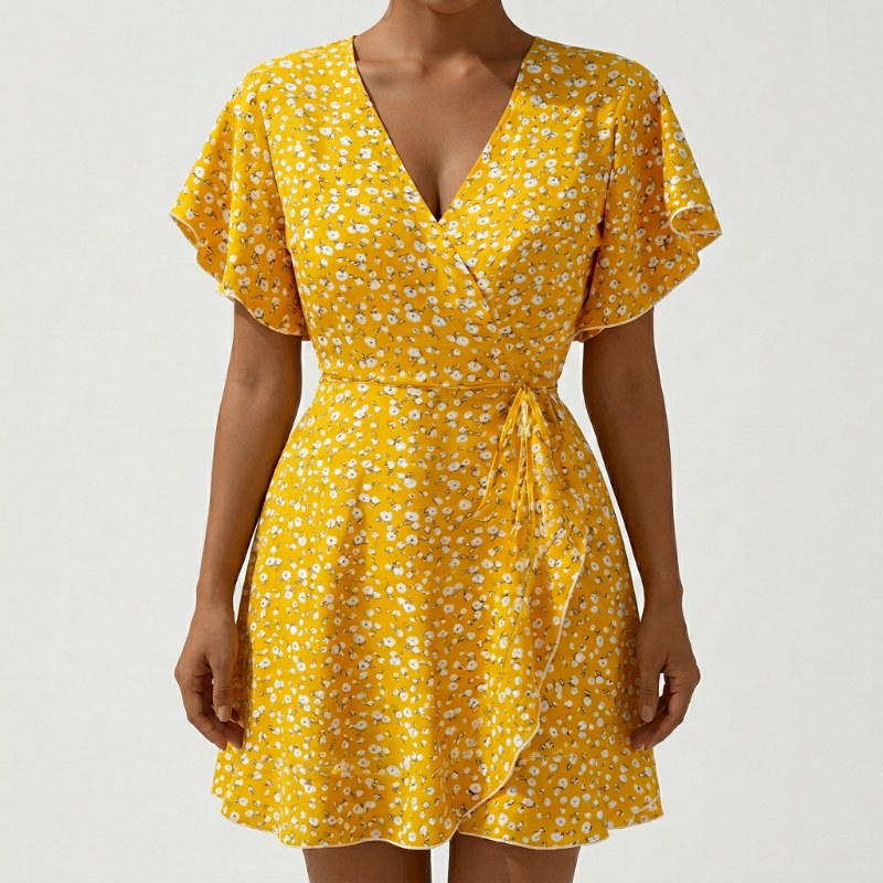 Dam sommarklänning omlottklänning prickig - Yellow