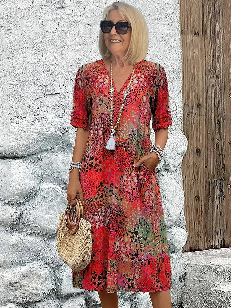 Summer Dress with V-Neck and Allover Pattern