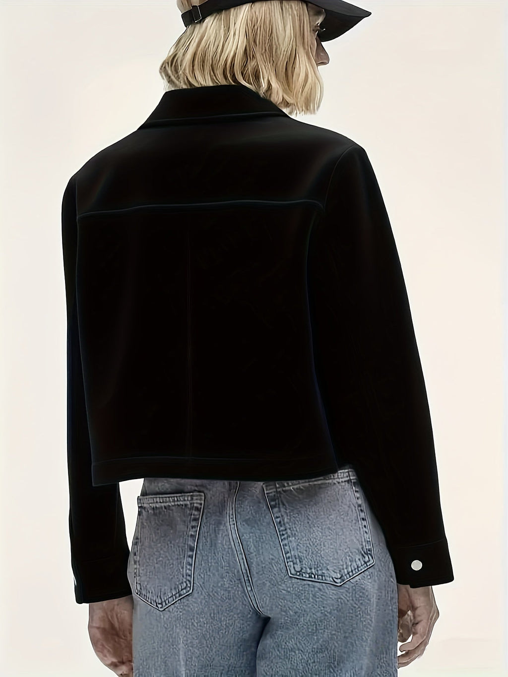 Cropped Black Jacket Women Button Front Long Sleeve